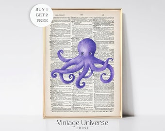 Oktopus Poster | Oktopus Wandbild | Wörterbuch Kunstdruck | Vintage Buchseitendruck | Poster Meerestiere | Badezimmer Dekor | Druckbar