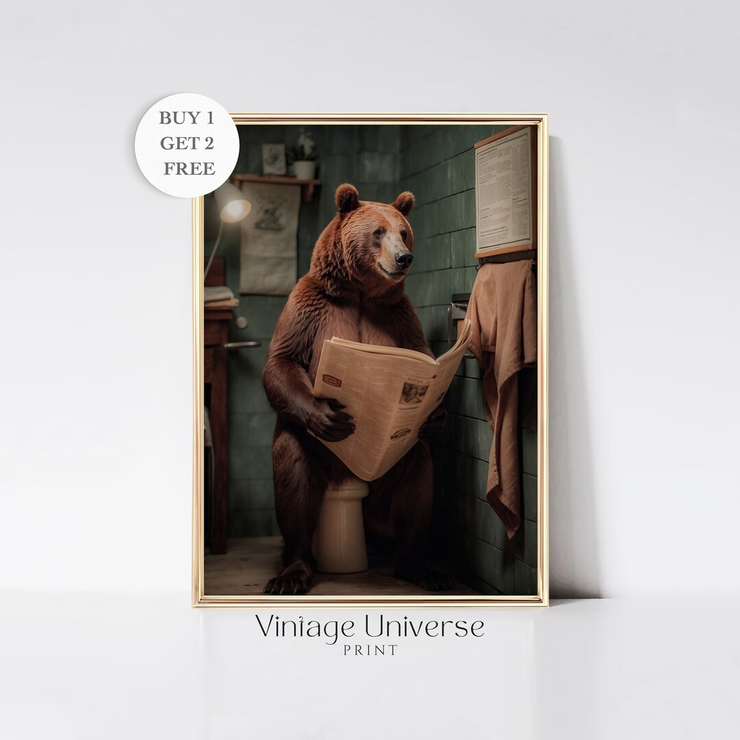 Bear in Toilet Art Print Bear Bathroom Art Bear Wall Art Funny Bathroom
