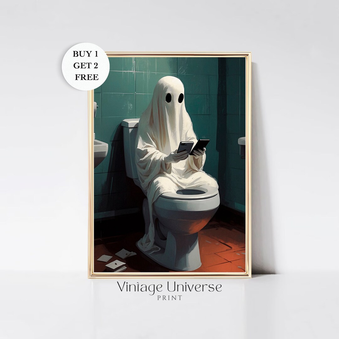 Cute Ghost on a Toilet Ghost Bathroom Art Prints Halloween Bathroom
