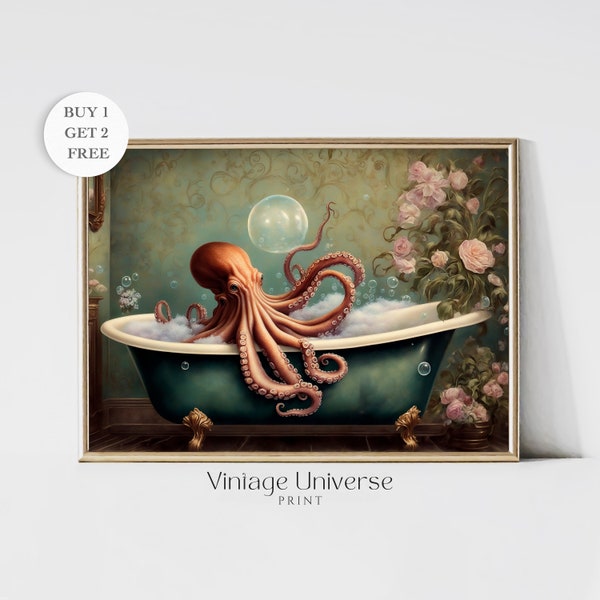 Octopus in Bathtub Print | Octopus Wall Art | Bathroom Wall Art Print | Octopus Poster Bathroom Decor | Bath Art Print | Instant Download