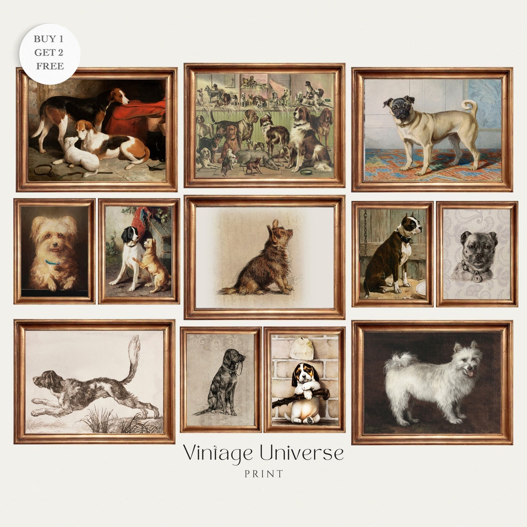 Dog Gallery Wall Set of 12 | Vintage Dog Painting | Antique Dog Oil ...