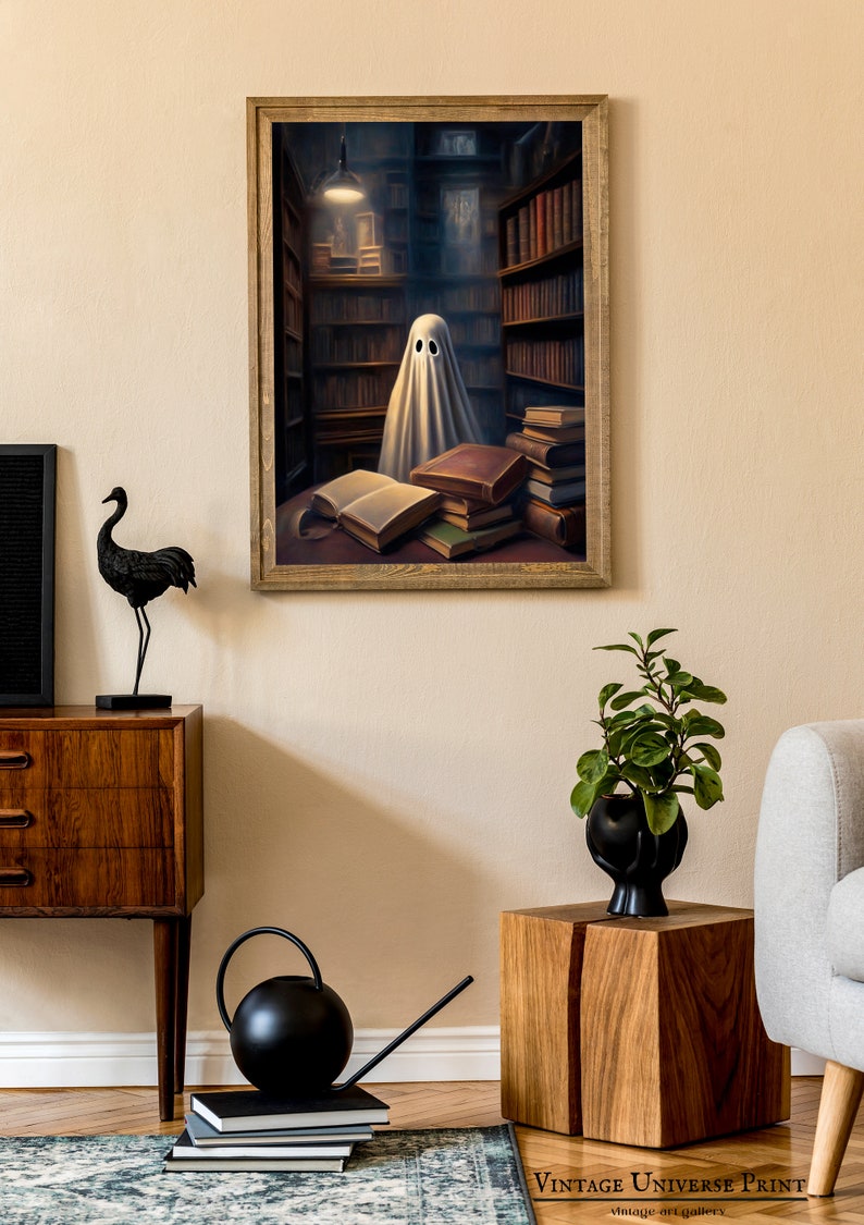 Ghost in the Library Vintage Painting, Ghost Reading a Book Print, Dark