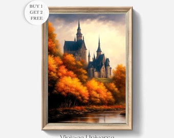 Castle in Autumn Vintage Painting | Fall Landscape Printable Wall Art | Fall Wall Art | Vintage Rustic Country Decor | Country Farmhouse