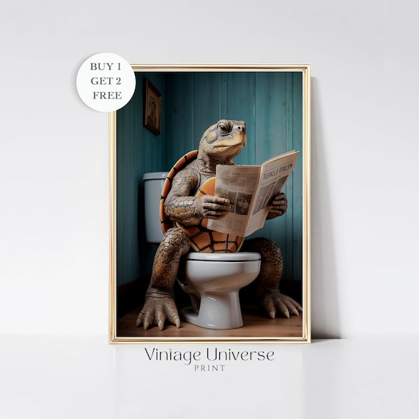 Turtle on Toilet Bathroom Print | Tortoise Bathroom Art | Animal on Toilet Wall Art | Funny Bathroom Wall Art | Bathroom Decor Printable