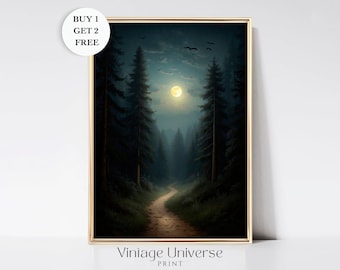 Moon and Stars Night in the Forest Print, Dark Academia Wall Art, Gothic Witchy Aesthetic, Woods Wall Decor, Moody Cottagecore Print