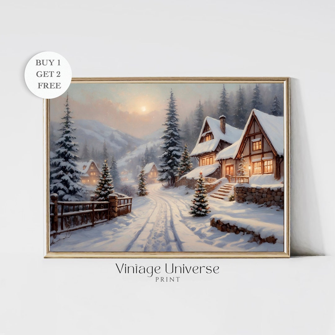 Christmas Village Print Winter PRINTABLE Wall Art Snowy Town Holiday ...