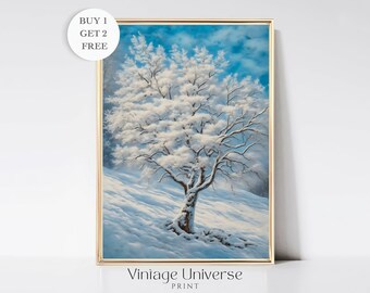 Snowy Winter Tree Painting | Winter Landscape Print | Snowy Winter Trees Printable Wall Art | Christmas Wall Art | Vintage Oil Painting