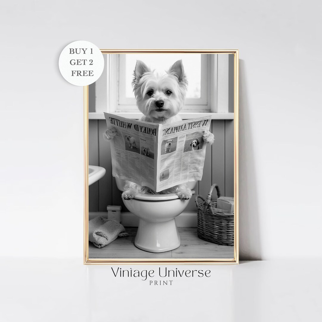 Dog on Toilet Bathroom Print Dog Animal Bathroom Wall Art Animal on ...