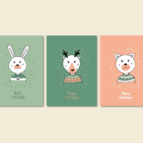 Set of Printable Cards with Animals in a Christmas Mood, Print at Home Foldable Christmas Cards, Digital Christmas Cards