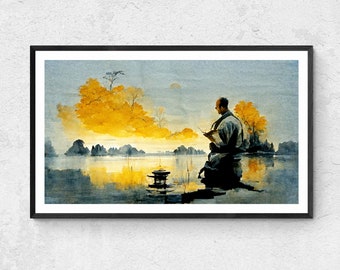Zen Monk Sunset - Desktop Background, Digital Poster, Mural, Wallpaper zen, Digital Image Printable in Zen Style