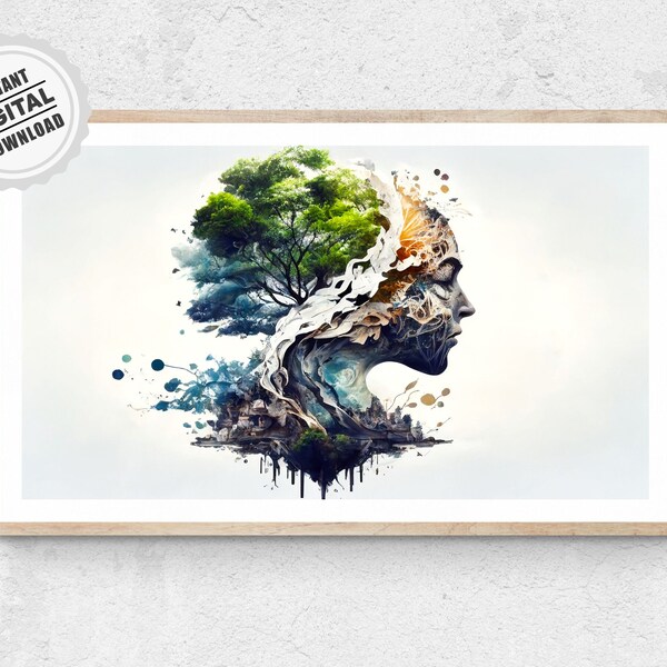 Fantasy Face Nature - Surreal Fusion Poster Miniature Landscape Painting Scenery Wall Art Print