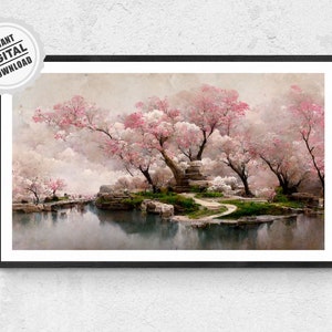 Cherry Blossom Poster - Japanese Zen Painting Traditional Sakura Wall Art Print