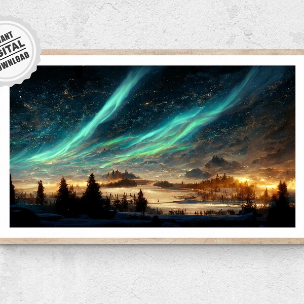 Aurora Borealis Painting - Magical Landscape Poster Northern Lights Wall Art Print