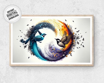 Yin Yang Paradise Birds - Spiritual Meditation Poster Mandala Zen Wall Art Printable