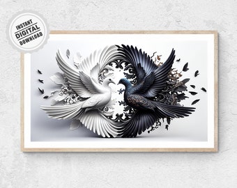 Yin Yang Peace Poster - Two Doves Spiritual Meditation Poster Mandala Wall Art Printable