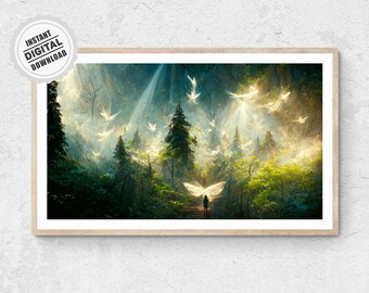 Fairy Lights Poster -  Magical Forest Painting Enchanted Calming Wall Art Meditation Print