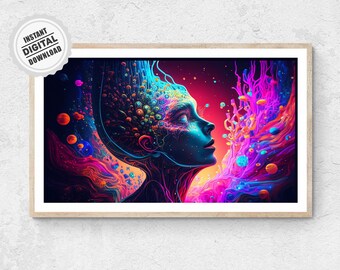 Trippy Neon Woman Poster - Psychedelic Pop Art Fantasy Painting Surreal Wall Art Print