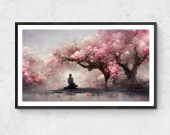 Japanese Cherry Blossom Tree - Person in Meditation in Classic Zen Style, Landscape Desktop Wallpaper Image, Digital Poster