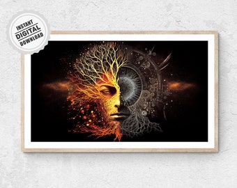 Mystic Sun Face Poster - Ancient Symbolism Illustration with Tree Structure Print