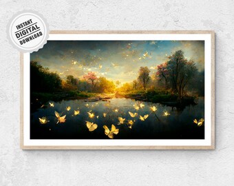 Spiritual Energy Art - Yellow Butterflies Landscape Print Calming Digital Peaceful Painting