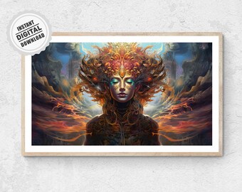 Futuristic Goddess Being Poster - Queen Illustration Print Prismatic Portrait Painting