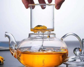 Teiera in vetro con colino da tè, teiera con colino per tè sfuso, teiera resistente al calore in vetro borosilicato con colino da tè rimovibile 600 ml