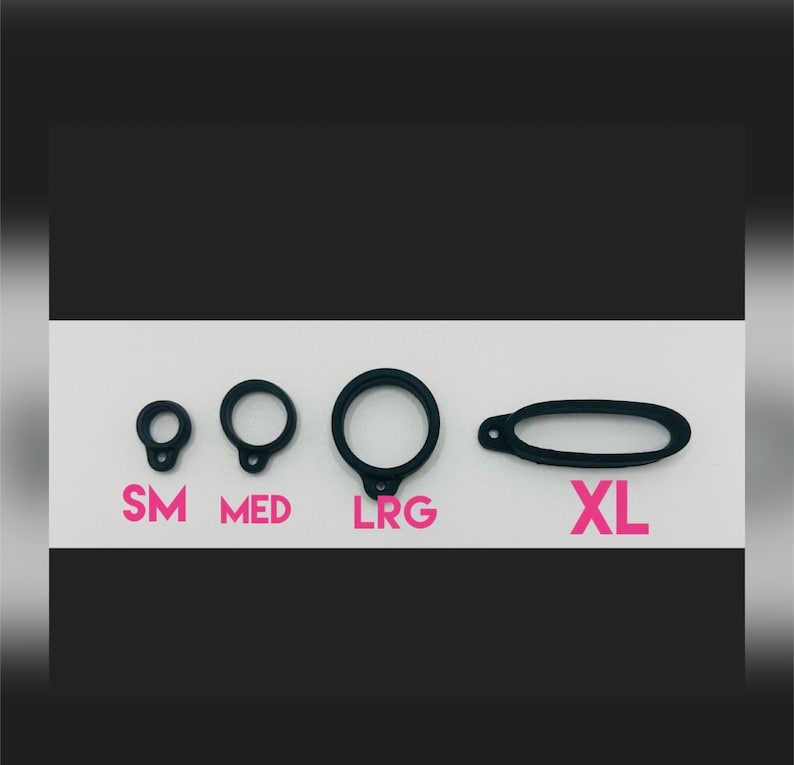 May include: Four black rubber rings of different sizes labelled "SM", "MED", "LRG", and "XL".