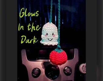 Crocheted Halloween ghost and pumpkin car charm, glow in the dark ghost and pumpkin car charm, car ornament, car accessories,