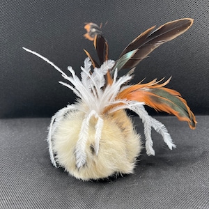 Rabbit fur ball with feathers and bell, cat toy ball, furry cat toy