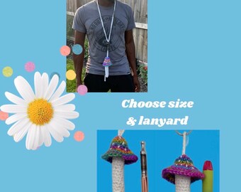 Mushroom Vape holder, rainbow vape pen holder, lanyard, liquid vape holder, crochet vape holder