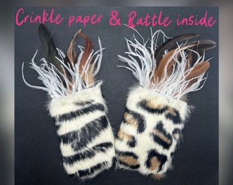 Rabbit fur catnip kicker pillow with feathers, crinkle paper and rattle