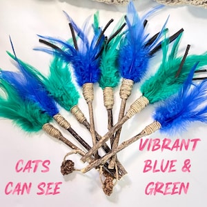May include: A collection of cat toys with vibrant blue and green feathers attached to wooden sticks. The sticks are wrapped with twine. The text "CATS CAN SEE" and "VIBRANT BLUE & GREEN" is visible.