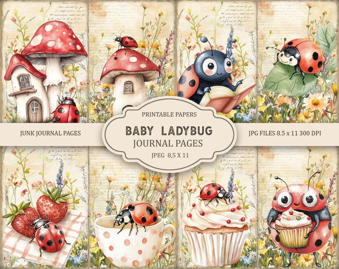 Baby Ladybug Pages Junk Journal Kit: Printable Scrapbook Pages, Flowers ...