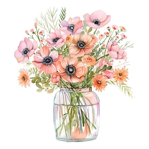 10 clipart de vaso de anêmonas, clipart de flores de primavera, para impressão, JPGs de alta qualidade, download digital, artesanato em papel, diário de lixo eletrônico