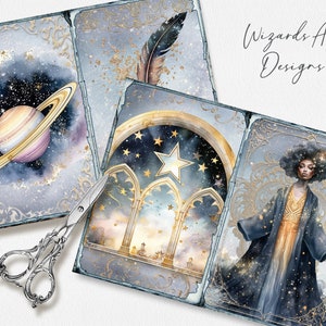 May include: Three watercolor illustrations with a celestial theme. The first illustration features a planet with rings in a galaxy. The second illustration features a star and a gothic archway. The third illustration features a woman with dark hair and a starry robe. The text "Wizards Art Designs" is visible in the top right corner.