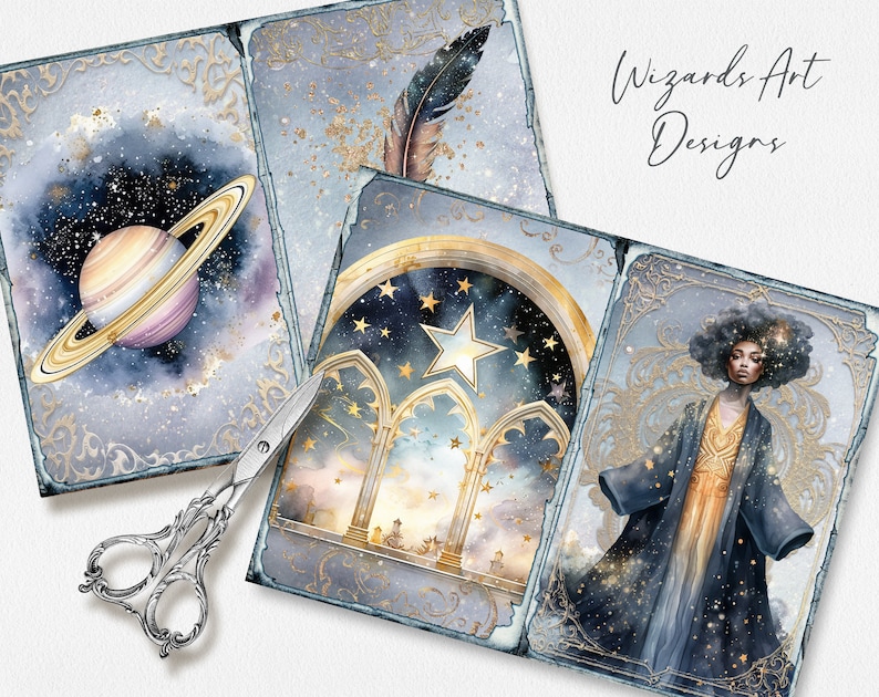 May include: Three watercolor illustrations with a celestial theme. The first illustration features a planet with rings in a galaxy. The second illustration features a star and a gothic archway. The third illustration features a woman with dark hair and a starry robe. The text "Wizards Art Designs" is visible in the top right corner.
