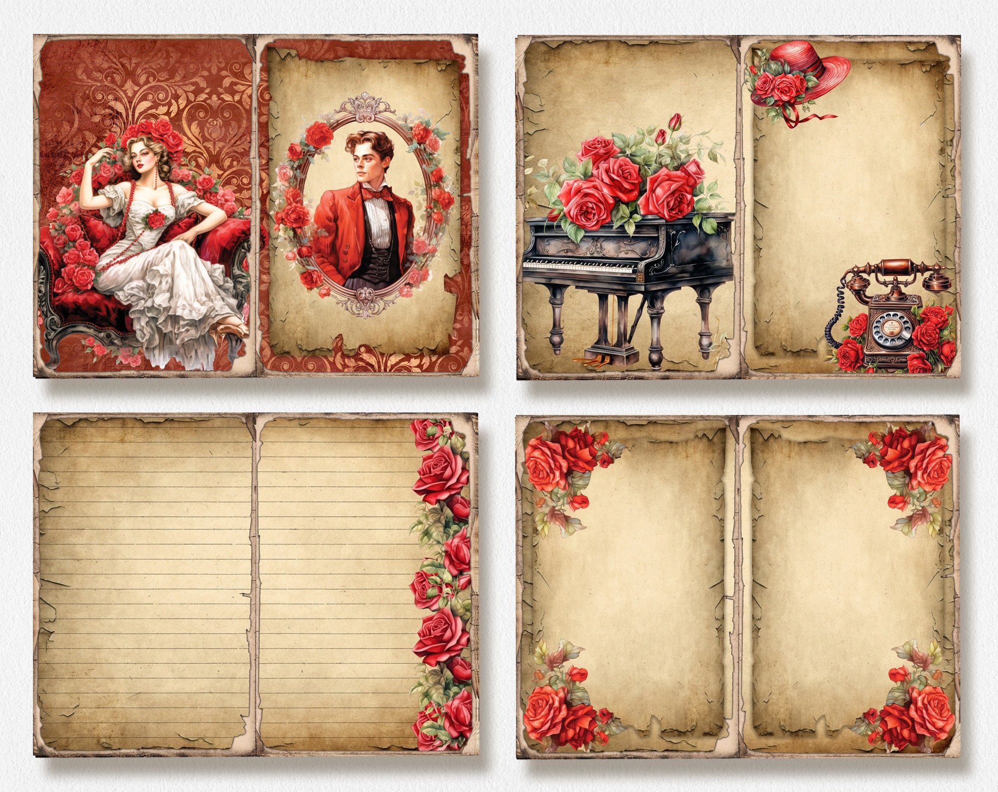 Red Roses 1 Valentines Junk Journal Kit, Vintage Digital Paper for ...