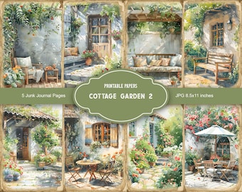 May include: Five printable journal pages featuring watercolour illustrations of a cottage garden. The images depict a white cottage with a green roof, a stone path, and lush greenery. The pages are 8.5x11 inches.
