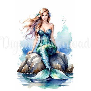 May include: A watercolor painting of a mermaid with long flowing blonde hair, sitting on a rock with her tail in the water. She is wearing a teal and green mermaid tail and a matching top. The background is a watercolor wash of blue and green.