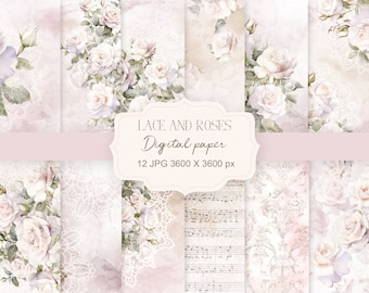 Ensemble de papier numérique dentelle et roses, papier de scrapbooking aquarelle floral, papiers de découpage, papier de scrapbooking, papier imprimable, téléchargement numérique