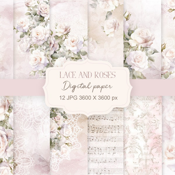 Lace and roses digital paper set, Floral watercolor scrapbook paper, Decoupage Papers, Scrapbook Paper,  Printable Paper, Digital Download