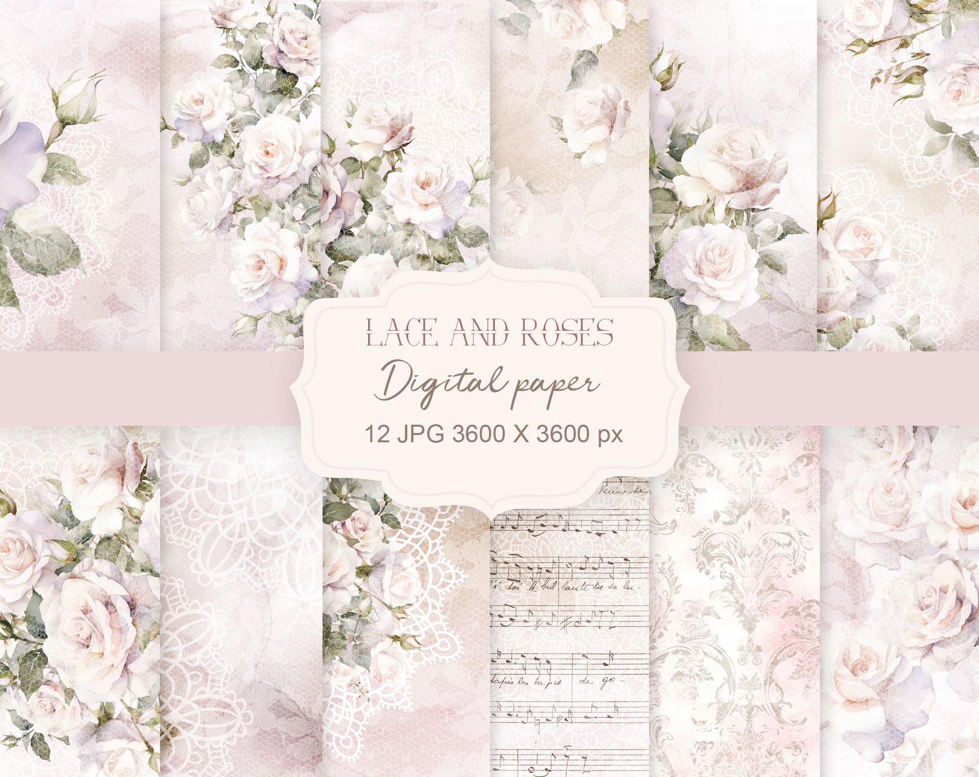 Lace and roses Printable Paper Pack, Floral watercolor scrapbook paper, Decoupage Papers, Scrapbook Paper, Printable Paper, Digital Download