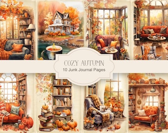 Cozy Autumn Junk Journal Pages, Fall Ephemera, Scrapbook printables, Printable Paper, Digital Collage, Autumn Scene, Digital Collage Sheet.