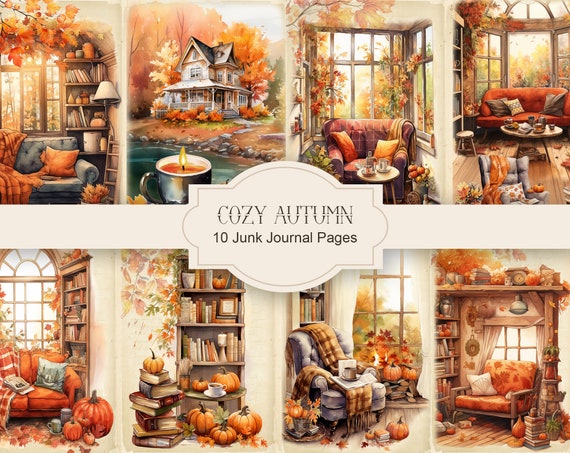 Cozy Autumn Junk Journal Pages, Fall Ephemera, Scrapbook printables, Printable Paper, Digital Collage, Autumn Scene, Digital Collage Sheet.