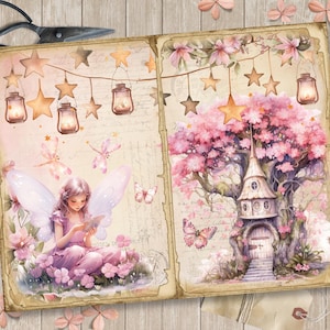 May include: A whimsical illustration of a fairy reading a book in a forest setting with a pink treehouse and a string of stars and lanterns. The fairy has light purple wings and a pink dress. The treehouse is nestled in the branches of a pink flowering tree.