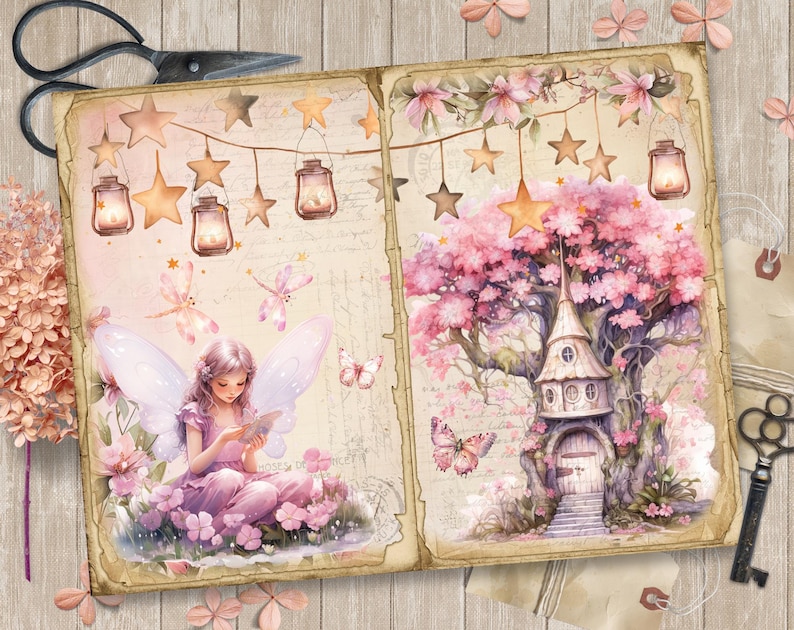 May include: A whimsical illustration of a fairy reading a book in a forest setting with a pink treehouse and a string of stars and lanterns. The fairy has light purple wings and a pink dress. The treehouse is nestled in the branches of a pink flowering tree.