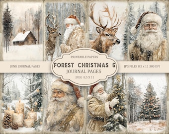 May include: A collection of printable journal pages with a winter forest and Christmas theme. The images feature Santa Claus, deer, snow-covered trees, and a cozy cabin. The text reads "FOREST CHRISTMAS 5 JOURNAL PAGES".