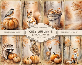 May include: Five printable journal pages featuring watercolor illustrations of autumn scenes. The pages include a raccoon, owl, deer, fox, squirrel, and a bird with pumpkins and mushrooms.