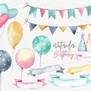 Clipart anniversaire aquarelle, clipart de ballons, fête, bannières, drapeaux, gâteau d'anniversaire, anniversaire d'enfants, planificateur d'autocollants PNG