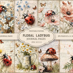 Peut inclure: Un collage de huit pages de journal imprimables avec des illustrations à l'aquarelle de coccinelles, de fleurs et de papillons. Les pages ont une esthétique vintage avec des fonds manuscrits. Le texte sur les pages indique "FLORAL LADYBUG JOURNAL PAGES" et "JUNK JOURNAL PAGES".